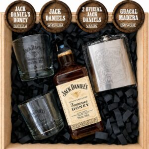 Jack Daniels honey + 2 Vasos de whiskey jack daniels + Whiskera jack daniels + Guacal madera